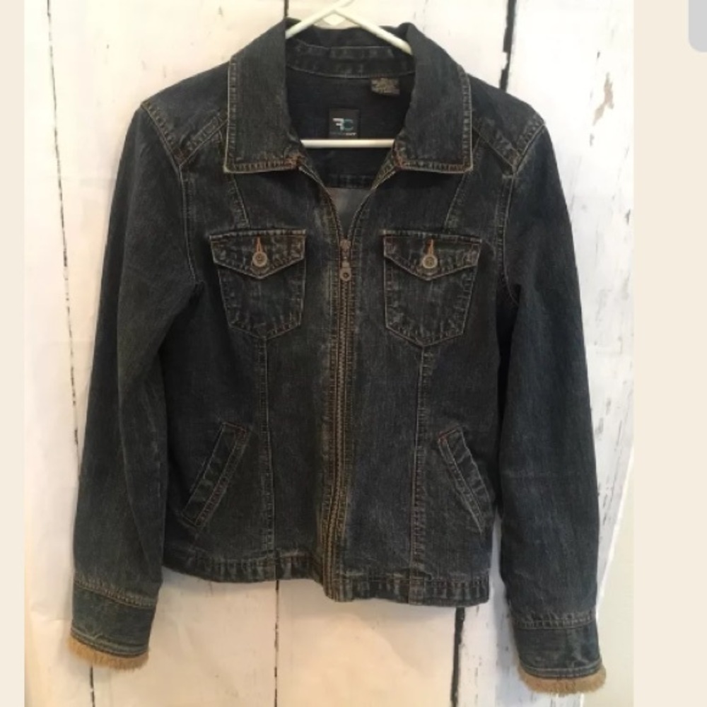 French Cuff Small Zip Up Denim Blue Jean Jacket‎